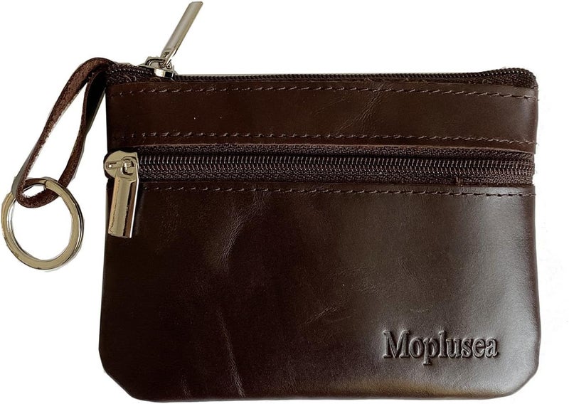 Moplusea Genuine Leather Small Coin Purse Wallet With Keychain Mini Change Purse Coin Pouch Holder For Men (GLCB011 Coffee) - Image 1